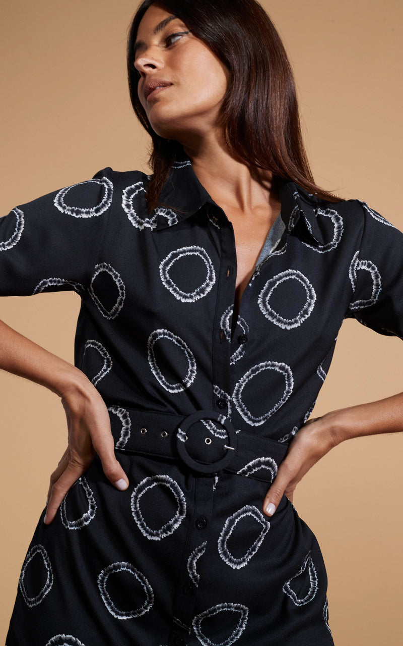 close up of Dancing Leopard model wearing Jonah Mini Shirt Dress In Black & White Circle