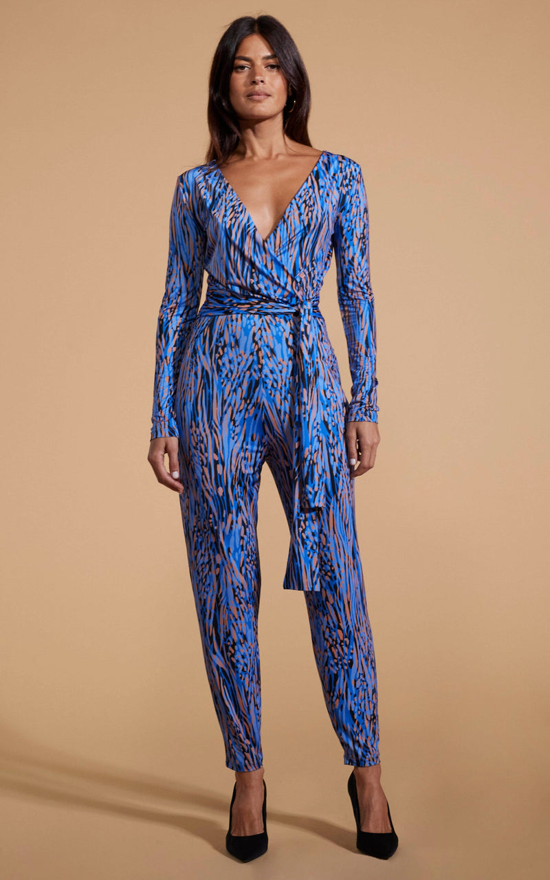 Zion Slinky Jumpsuit In Brushed Blue Leopard Dancing Leopard