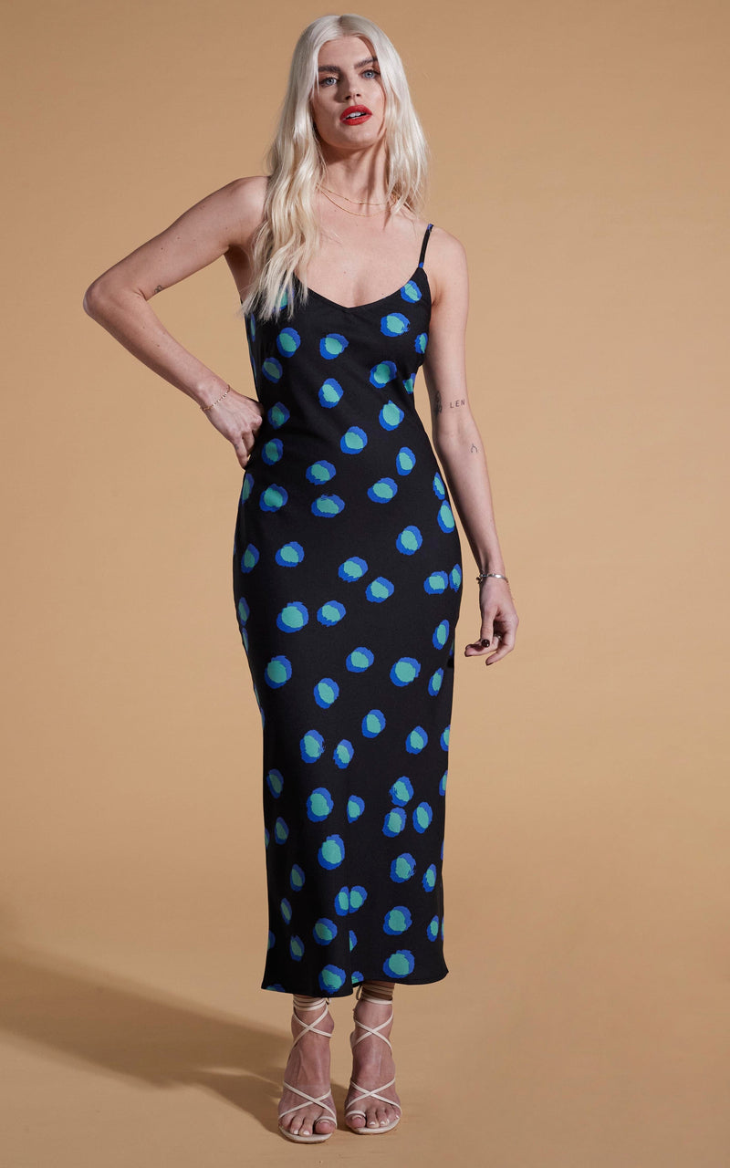 Sienna Midaxi Dress In Polka Dot Blue On Black
