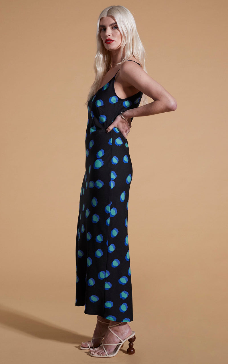 Sienna Midaxi Dress In Polka Dot Blue On Black