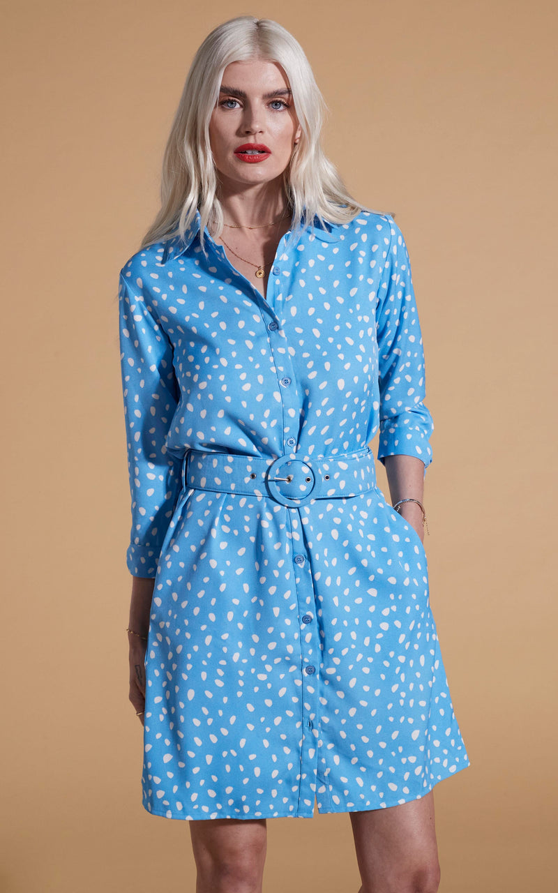 Dancing Leopard model wearing Jonah Mini Shirt Dress In Abstract White on Blue