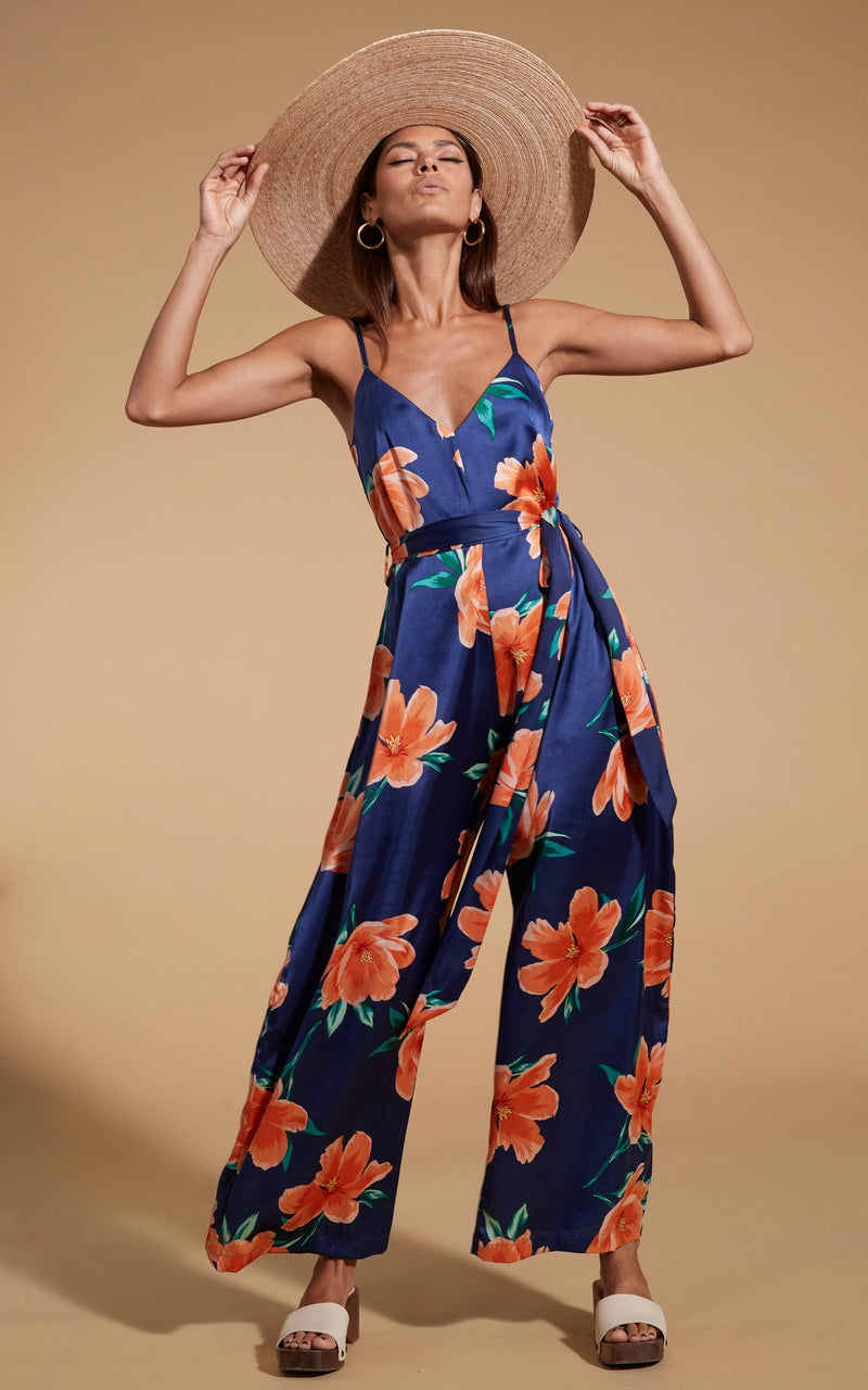 Gabriella Jumpsuit In Orange on Navy Blue Tulip Dancing Leopard