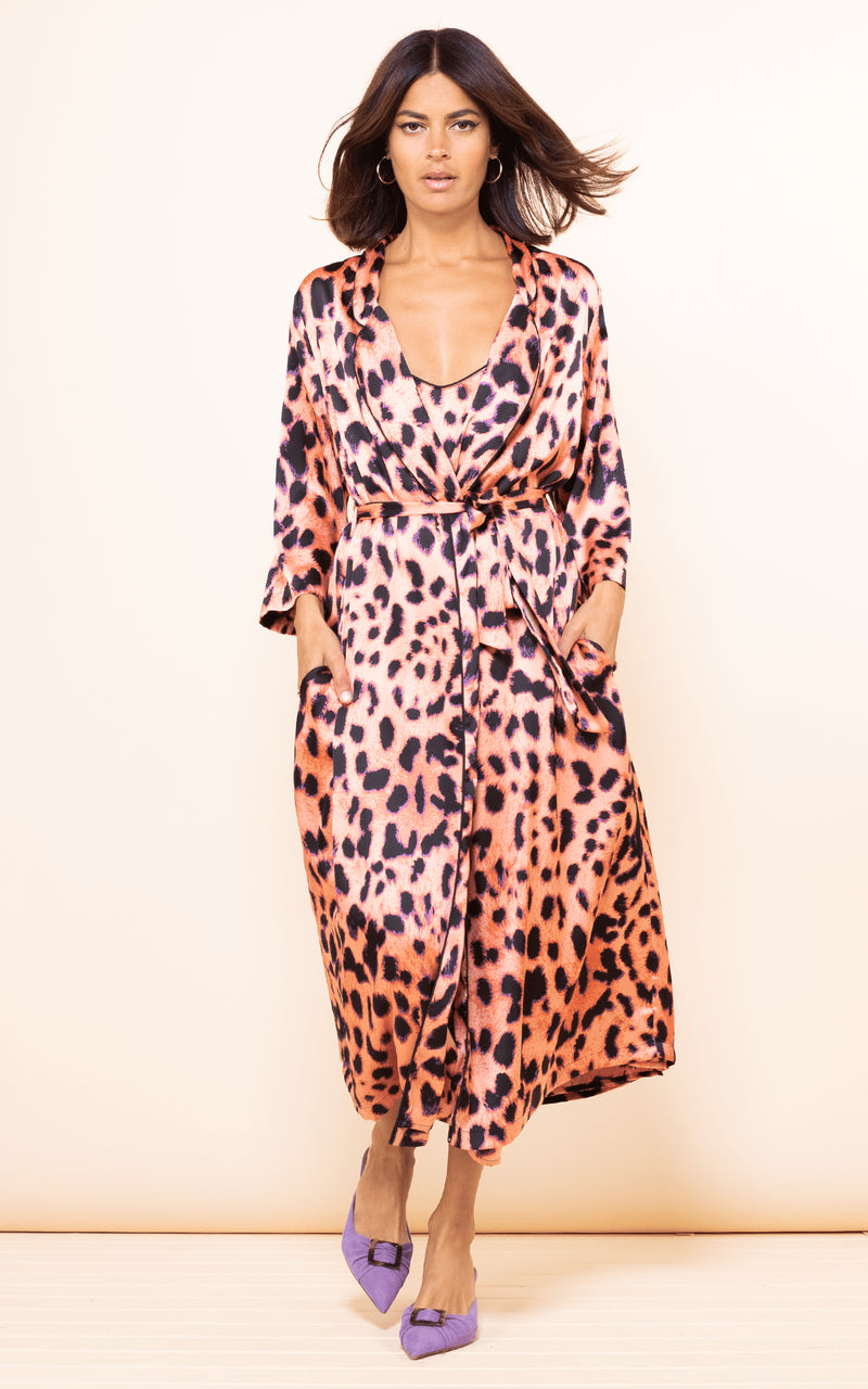Melana Housecoat in Plorange Leopard Dancing Leopard