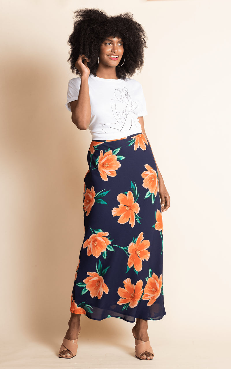 Sophie Skirt in Orange on Navy Tulip Dancing Leopard