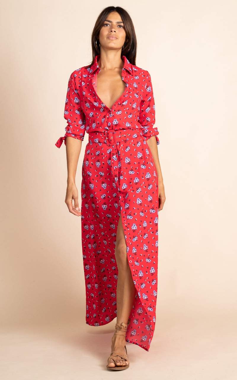 Dancing Leopard model wearing Dove Dress in Red Daisy walking towards shot