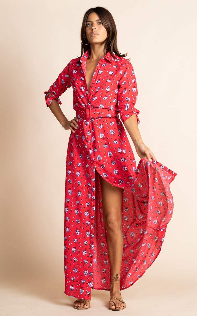 Dancing Leopard model wearing Dove Dress in Red Daisy holding skirt out