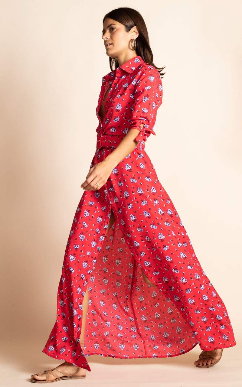 Dancing Leopard model wearing Dove Dress in Red Daisy walking from right to left