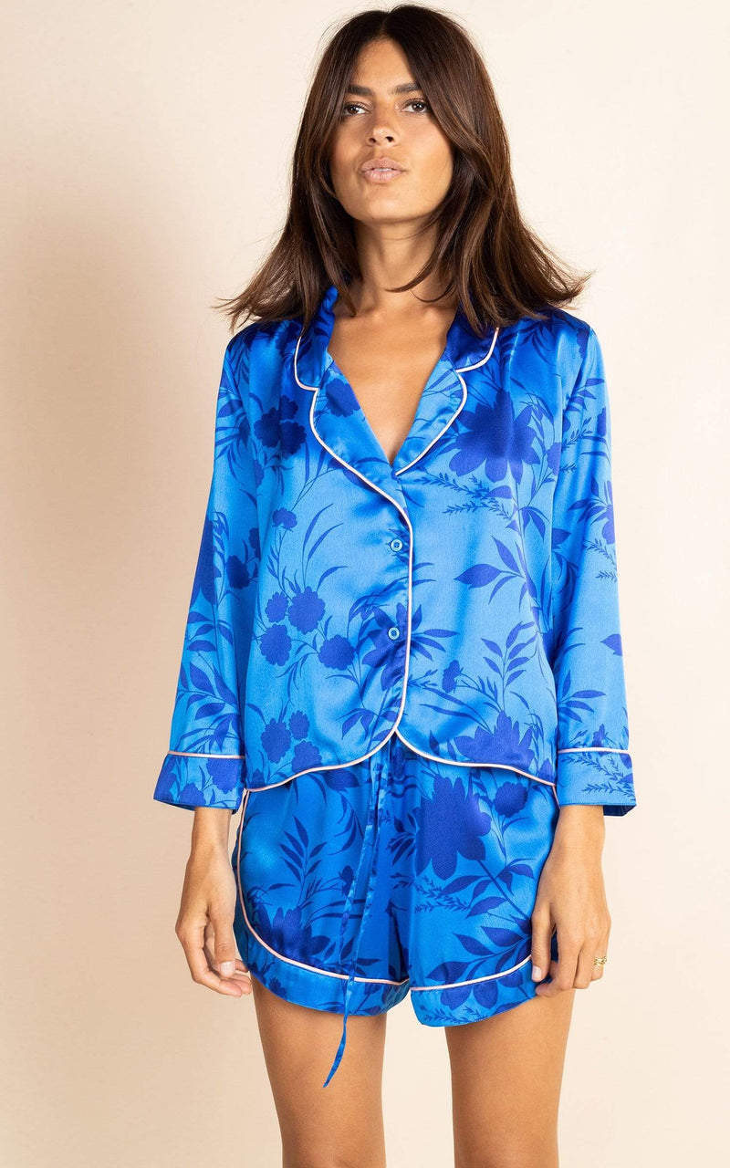 Dancing Leopard model wearing Oona Shortie PJ Set in Silhouette Light Blue