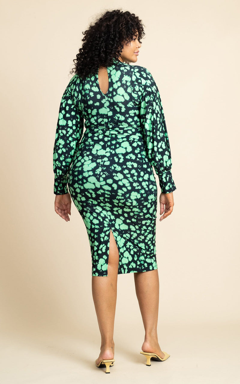 Dancing Leopard model wearing Zoe Midi Dress in Green Inky Leopard facing away to reveal back of dress