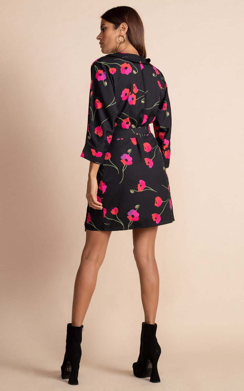 Valley Mini Dress in Poppies on Black