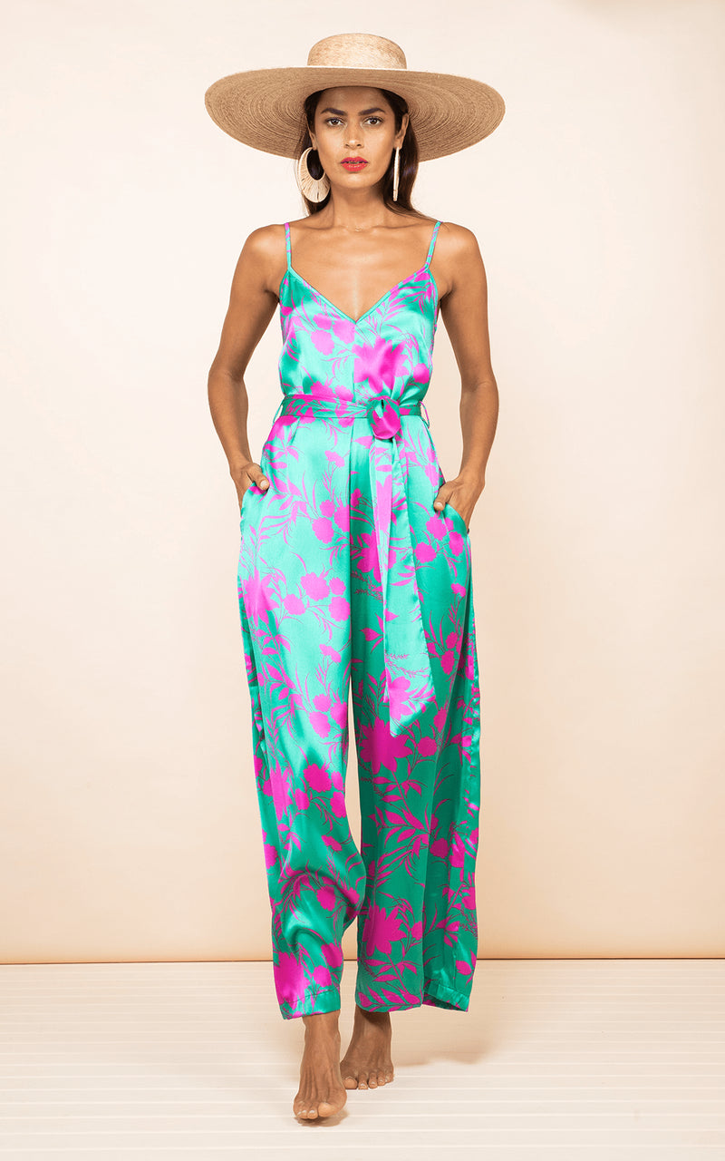 Gabriella Jumpsuit in Silhouette Pink on Green Dancing Leopard
