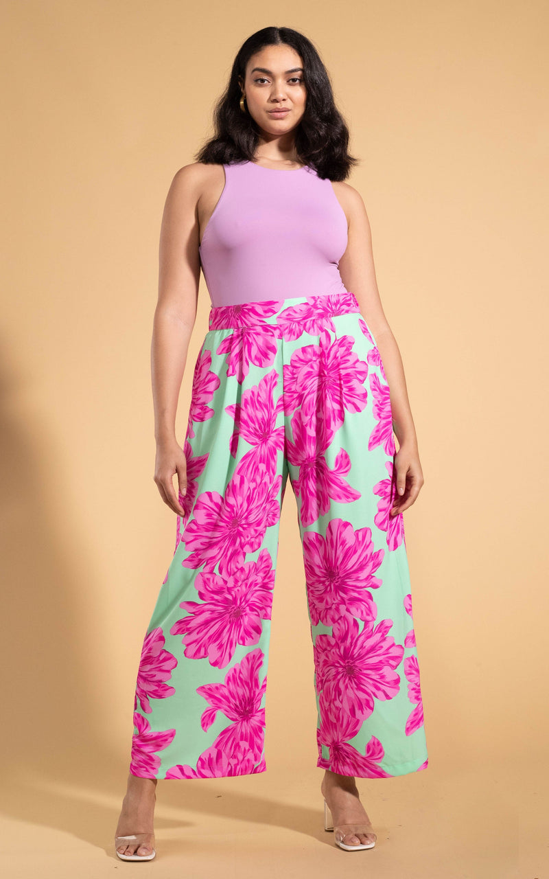 Dancing Leopard model wearing Joey Palazzo Trousers in Pink on Mint Bloom