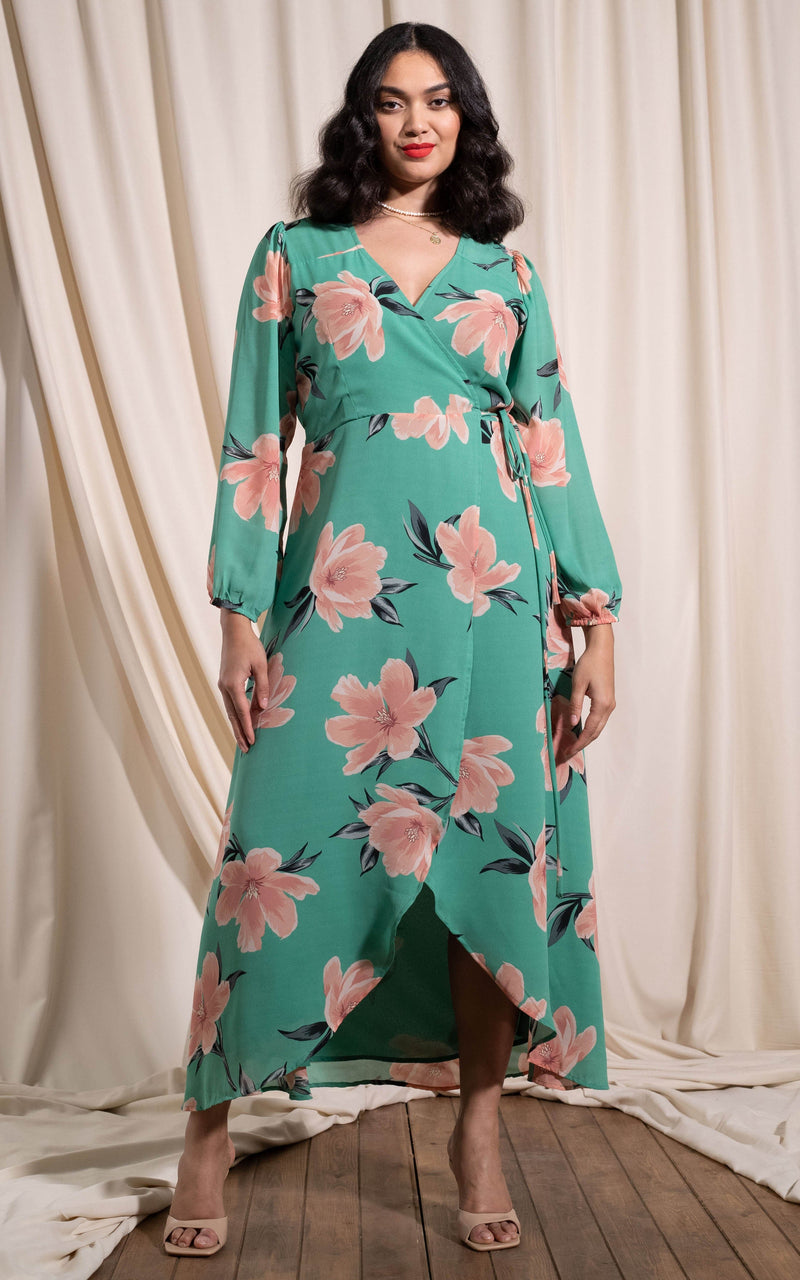 Dancing Leopard model standing wearing jagger dress in sage base tulip