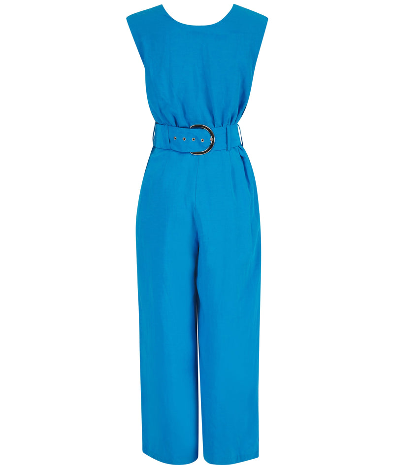 back of Indy Linen Jumpsuit In Blue - Reversible on white background