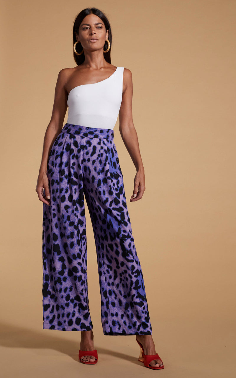 Dancing Leopard model wearing Joey Palazzo Trousers in Lilac Leopard