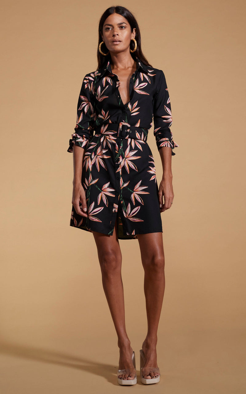 Dancing Leopard model wearing Jonah Mini Shirt Dress in Bamboo Black Base