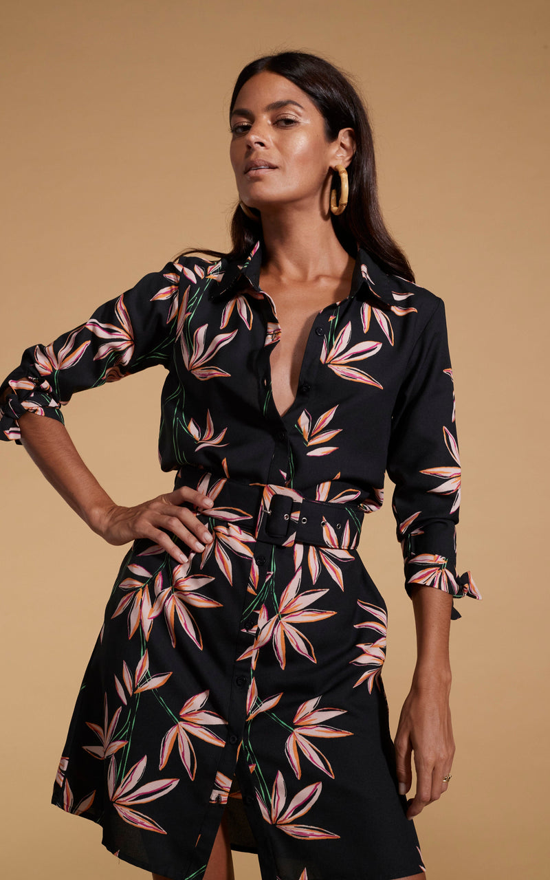 Dancing Leopard model wearing Jonah Mini Shirt Dress in Bamboo Black Base posed with hand on hip