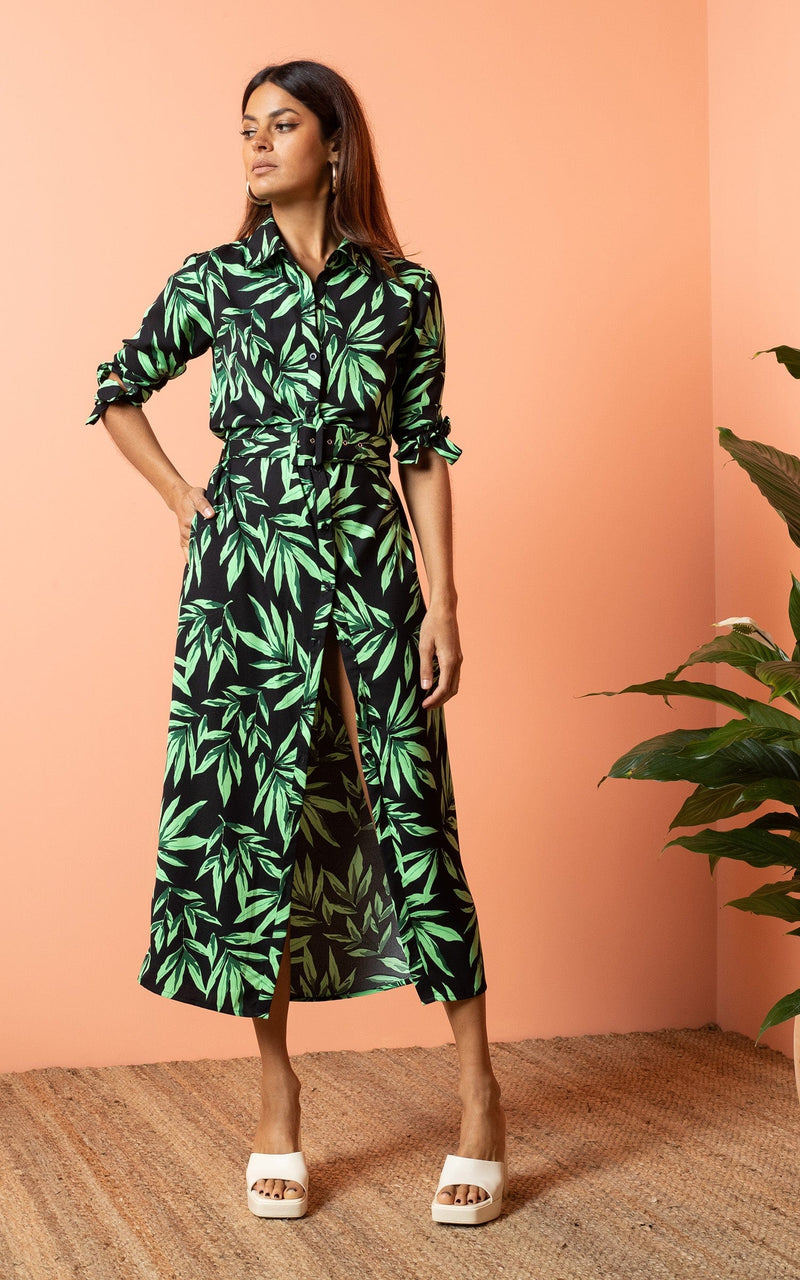 Dancing Leopard model wearing Alva Midi Shirt Dress in Tropic Green on Black posed with hand on hip