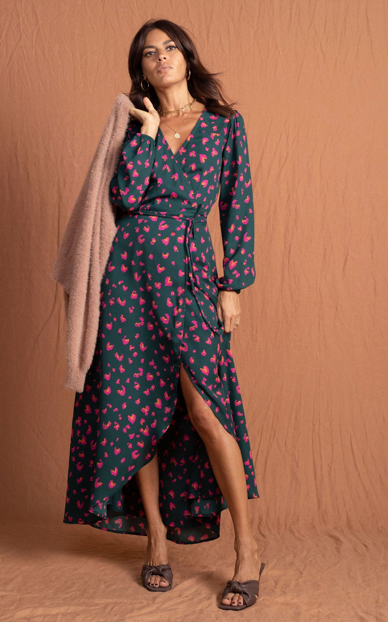 Jagger Maxi Dress in Abstract Pink on Green Dancing Leopard