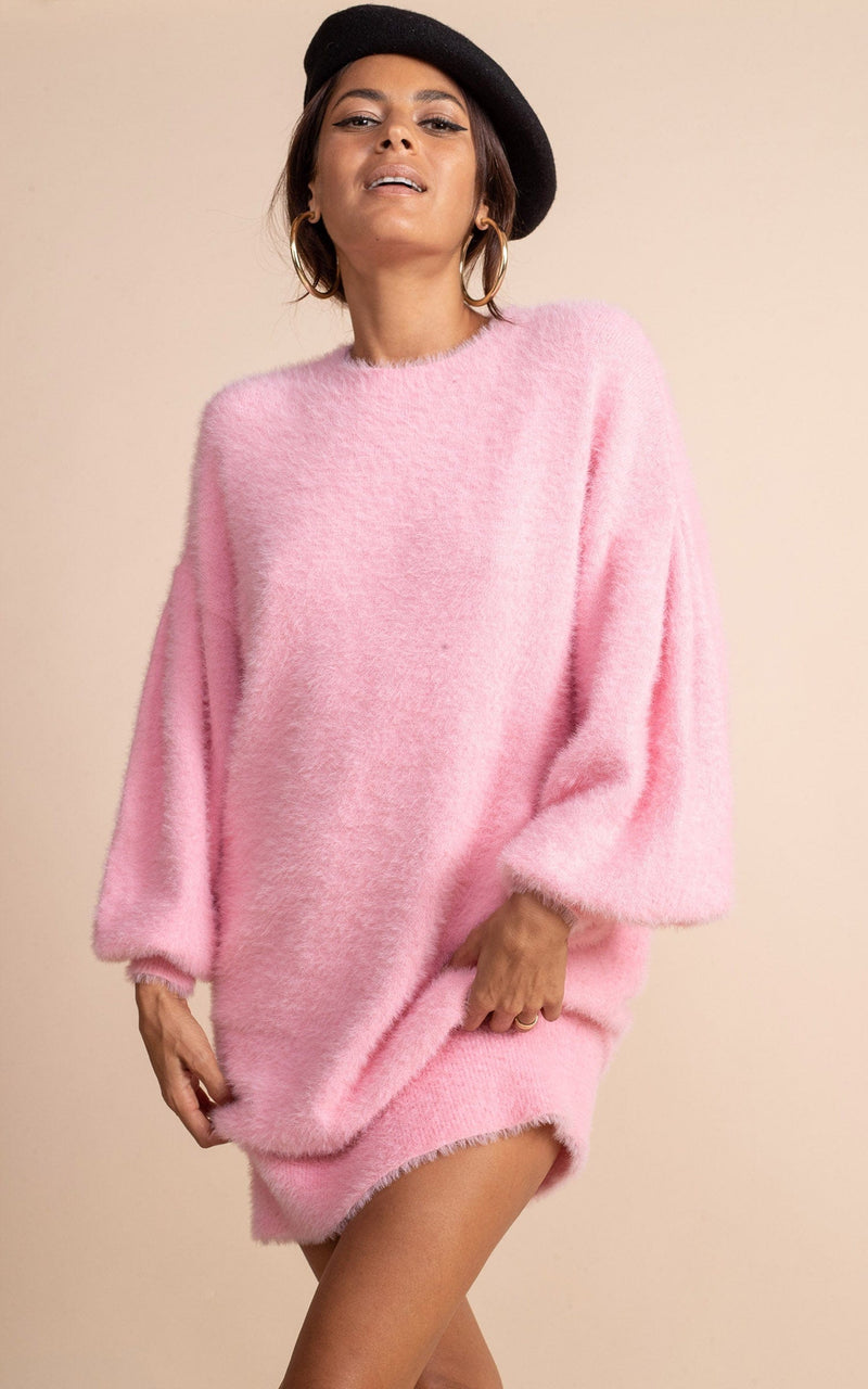 Dancing Leopard model wearing Maggie Jumper Dress in Candy Pink with black beret