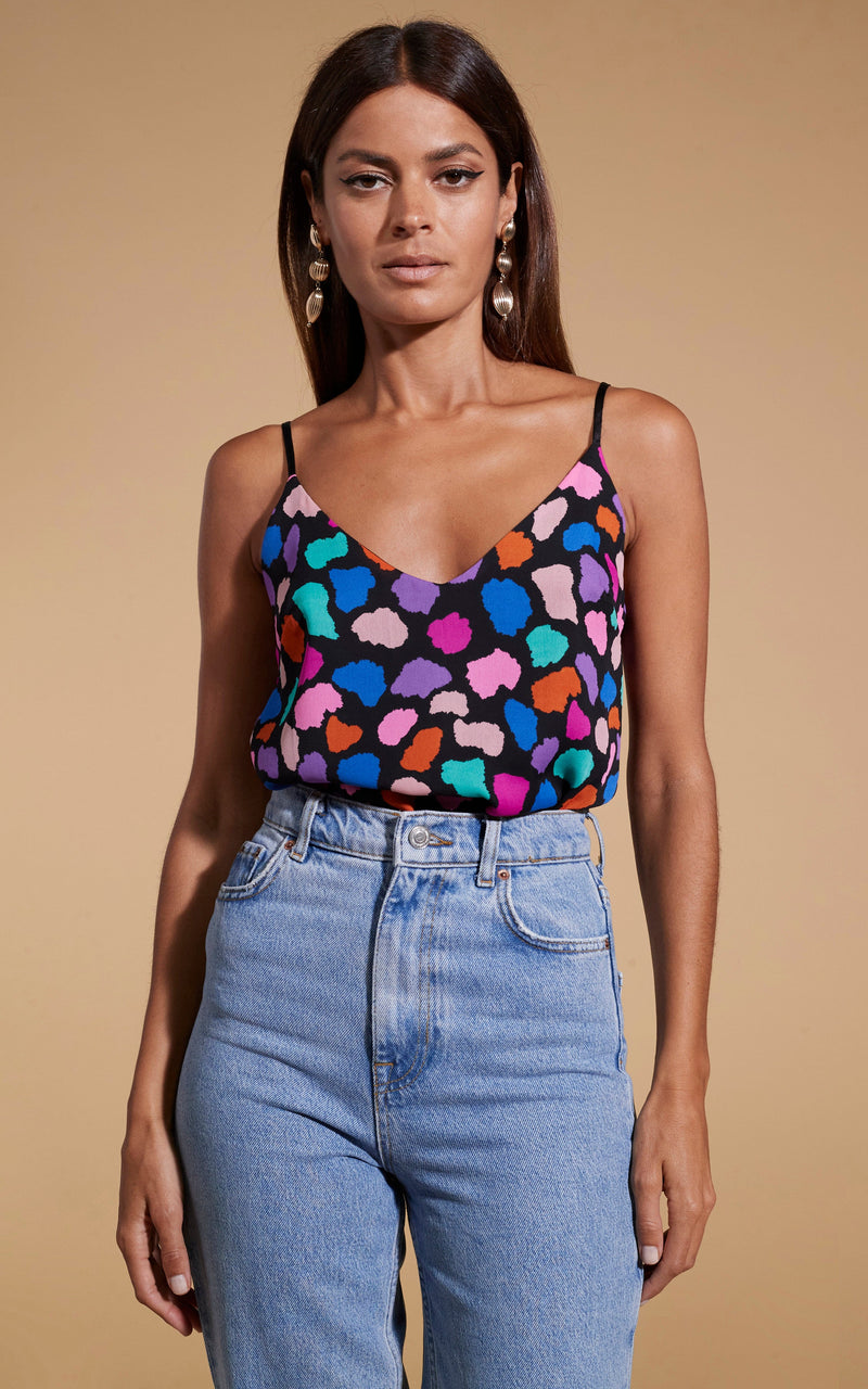 Dancing Leopard model wearing Birdie Cami Top in Multi Cloud