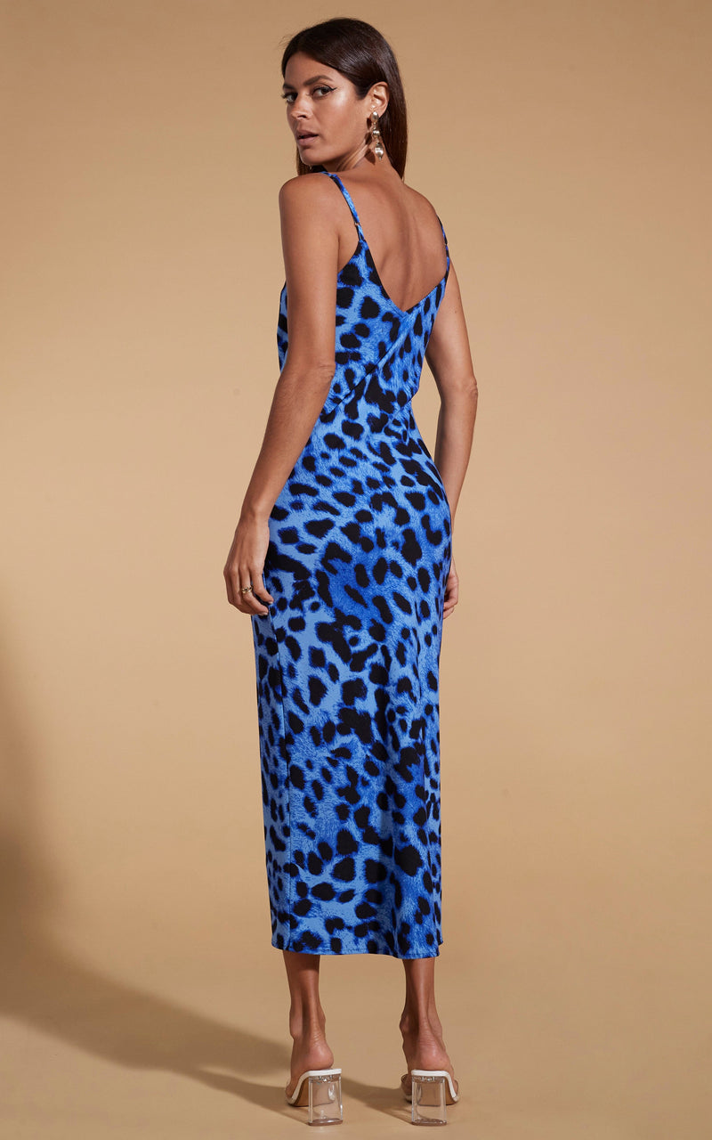 Sienna Midaxi Slip Dress in Bright Blue Leopard