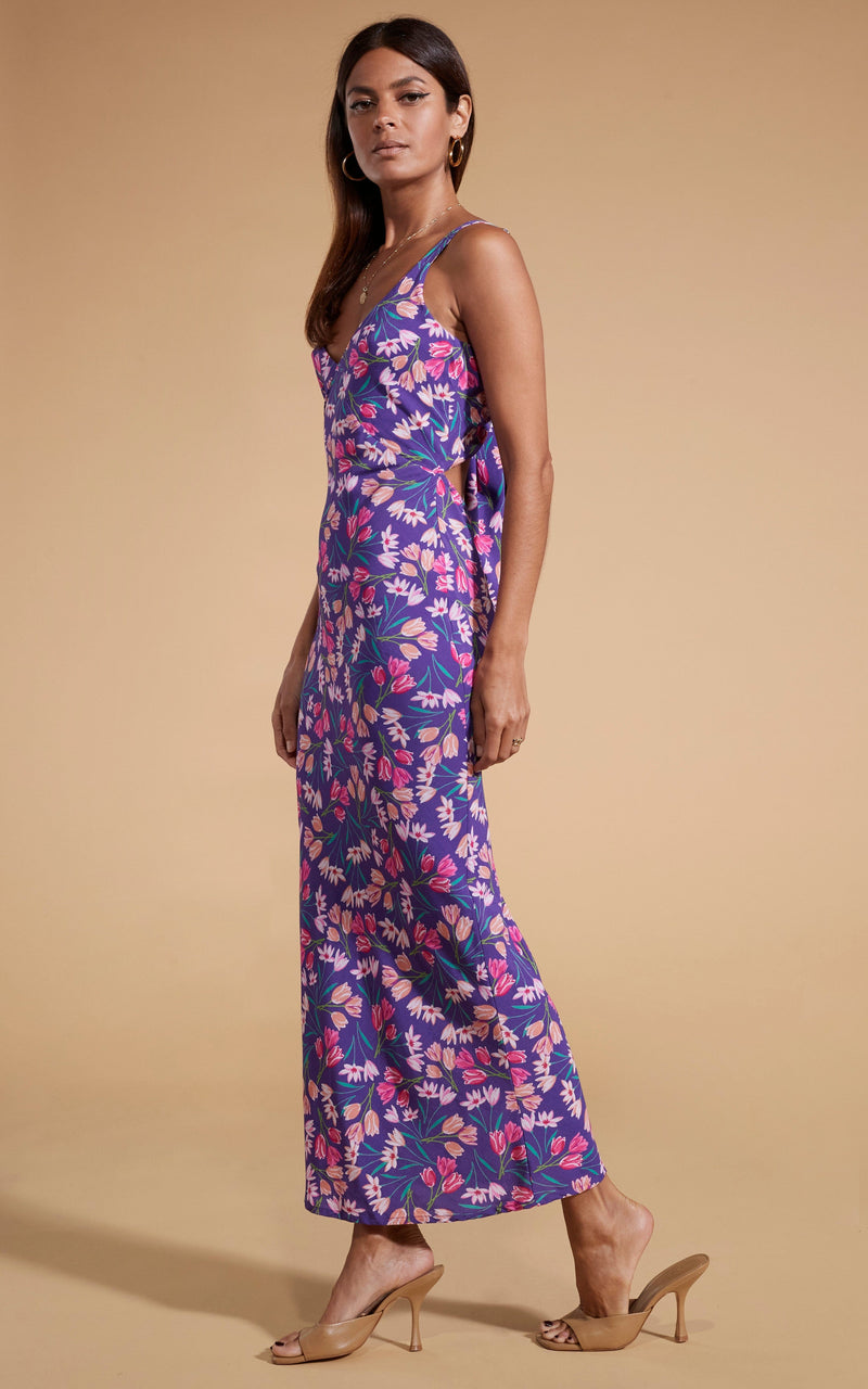 Dancing Leopard model wearing Sabrina Midaxi Dress in Purple Tulip facing side on