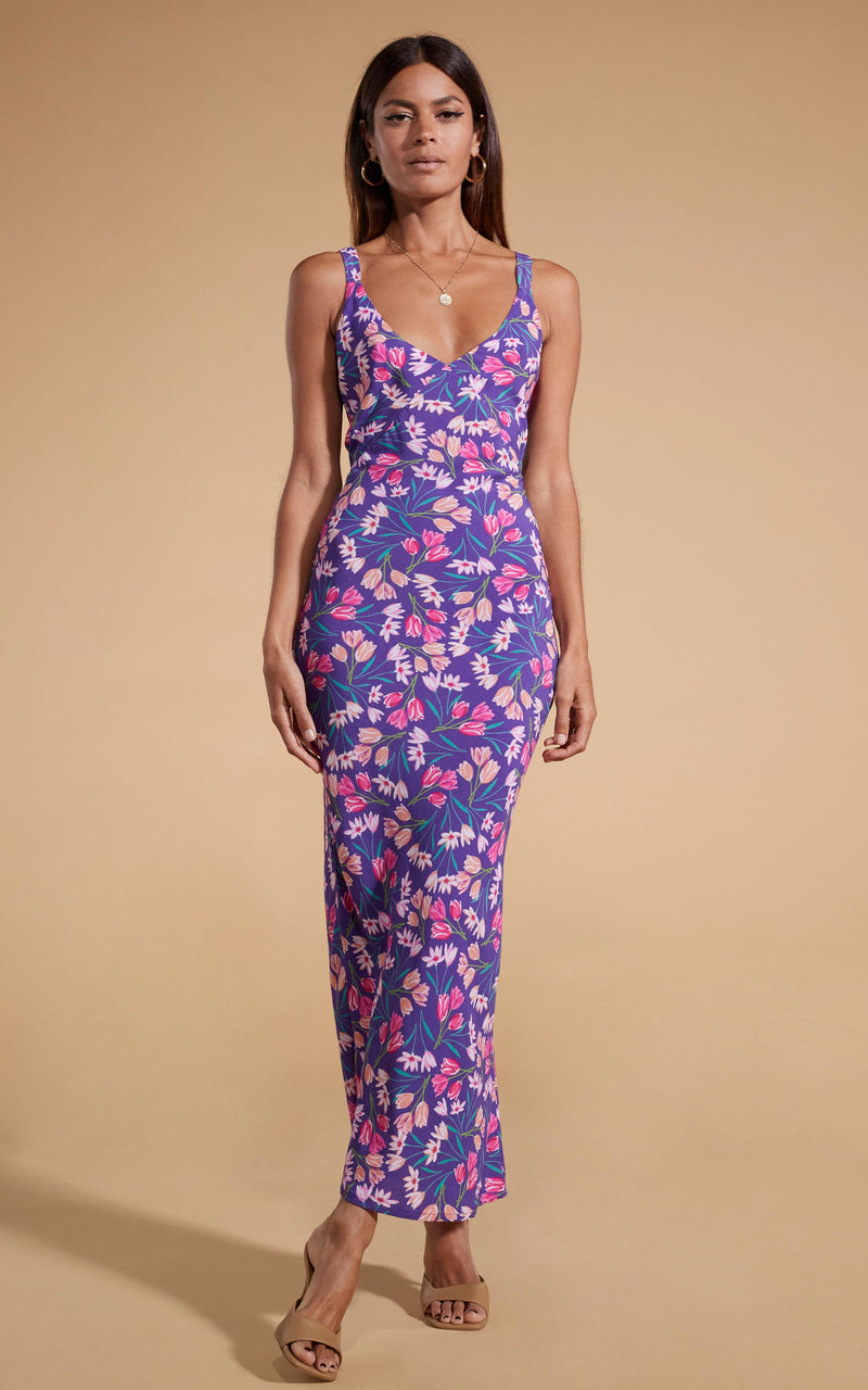 Dancing Leopard model wearing Sabrina Midaxi Dress in Purple Tulip
