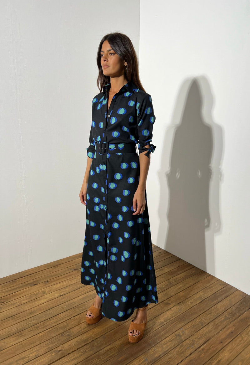 Dancing Leopard model wearing Dove Dress In Polka Dot Blue On Black