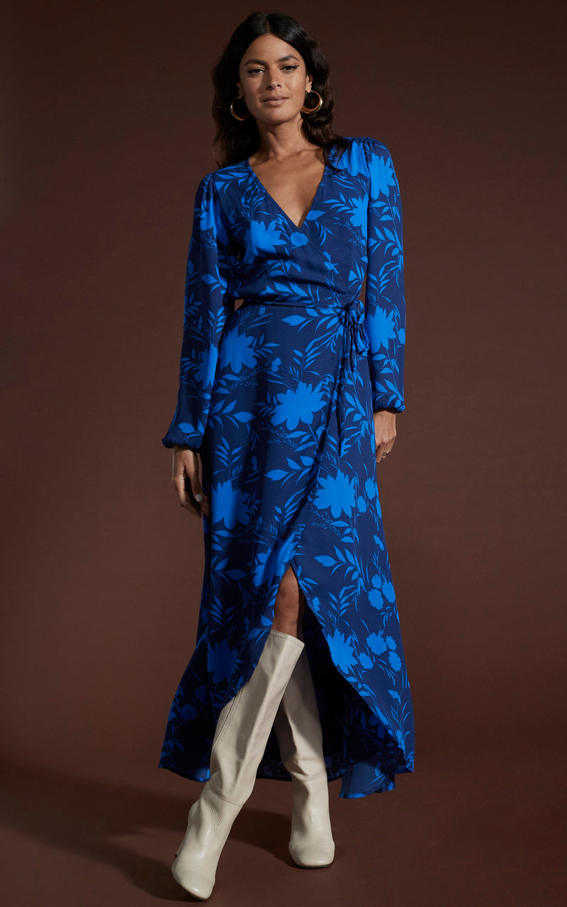 Dancing Leopard model wearing Jagger Maxi Dress in Silhouette Dark Blue