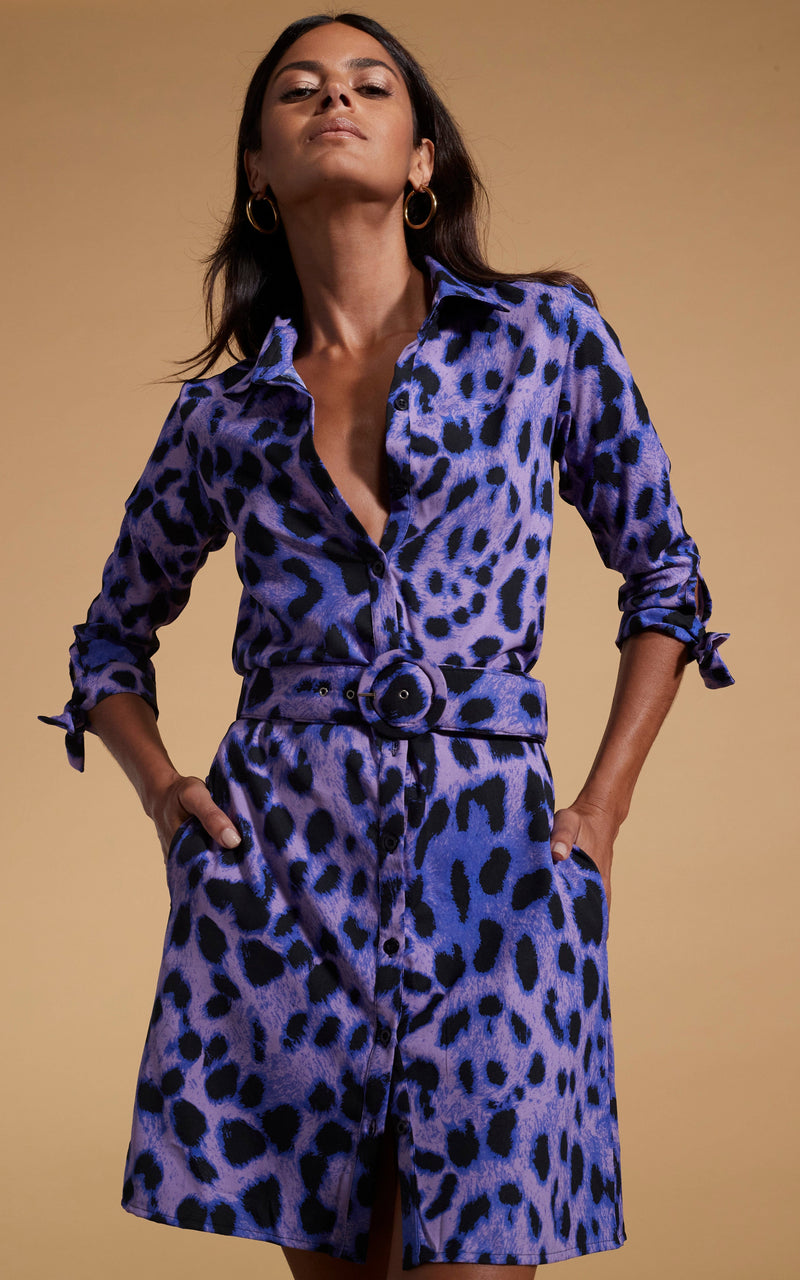 close up of Dancing Leopard model wearing Jonah Mini Shirt Dress in Lilac Leopard