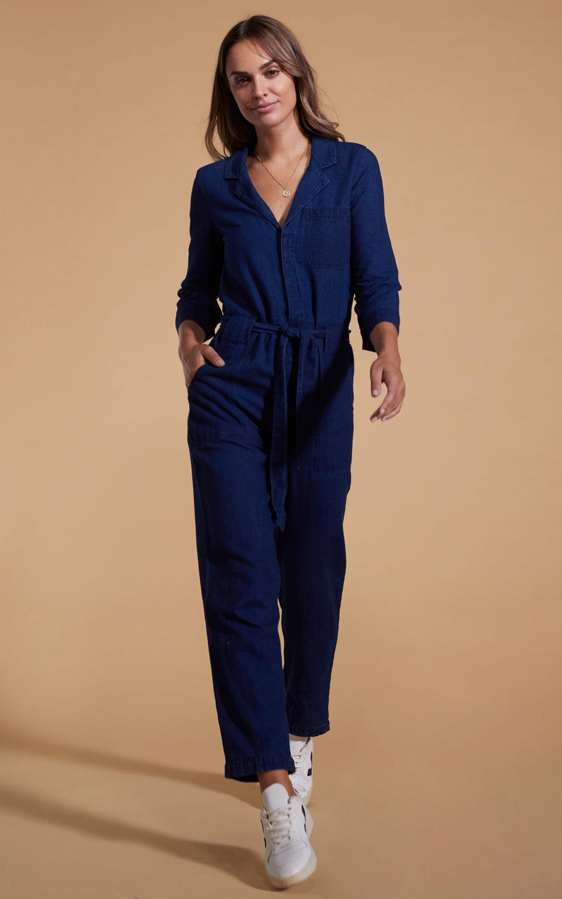 Cosmic Print Stretch Denim Jumpsuit Blue