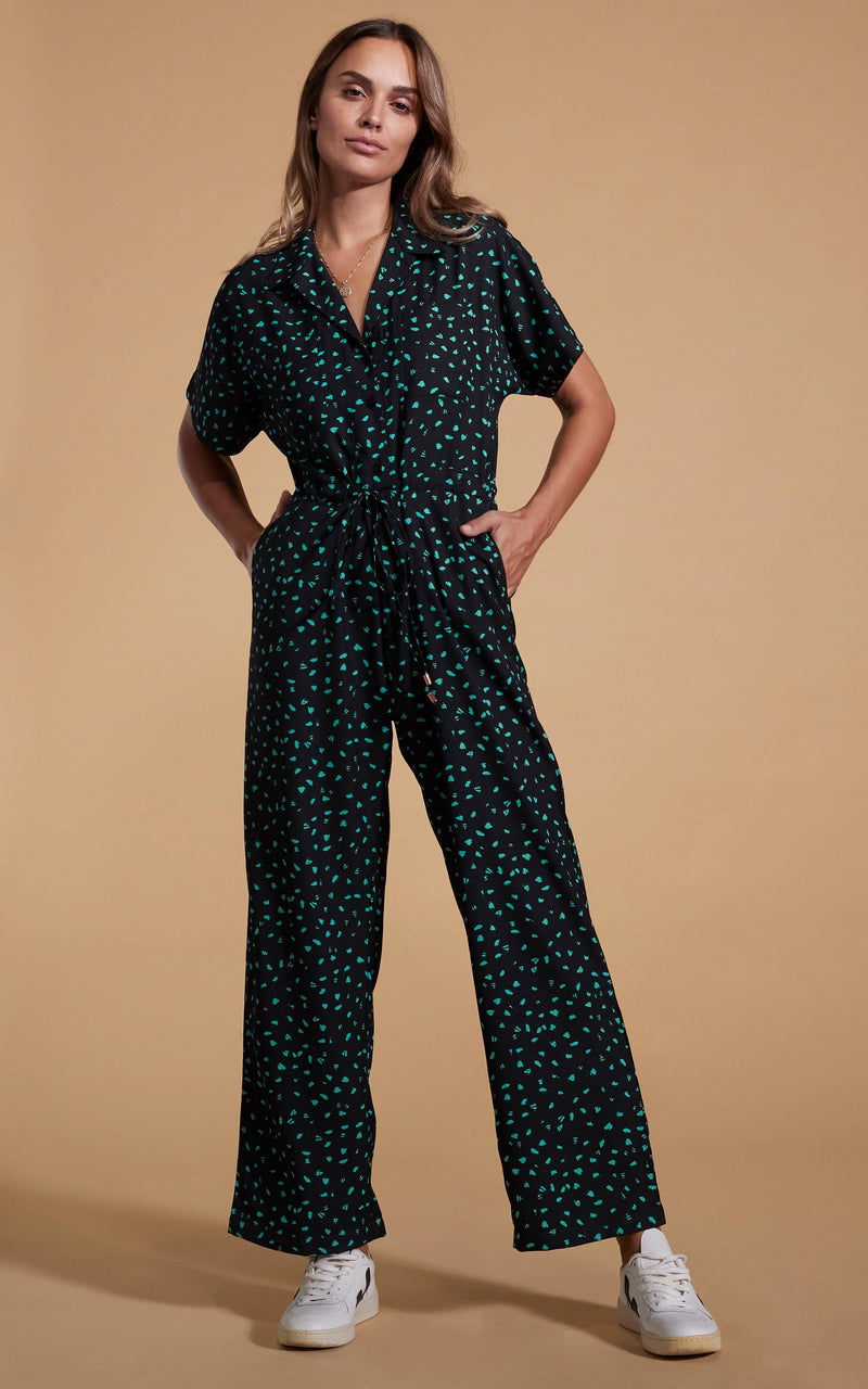 Zeta Jumpsuit In Abstract Green On Black