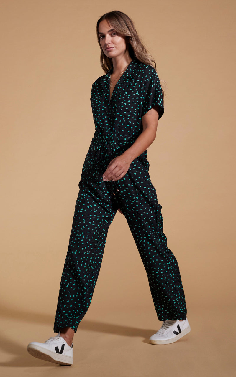 Zeta Jumpsuit In Abstract Green On Black