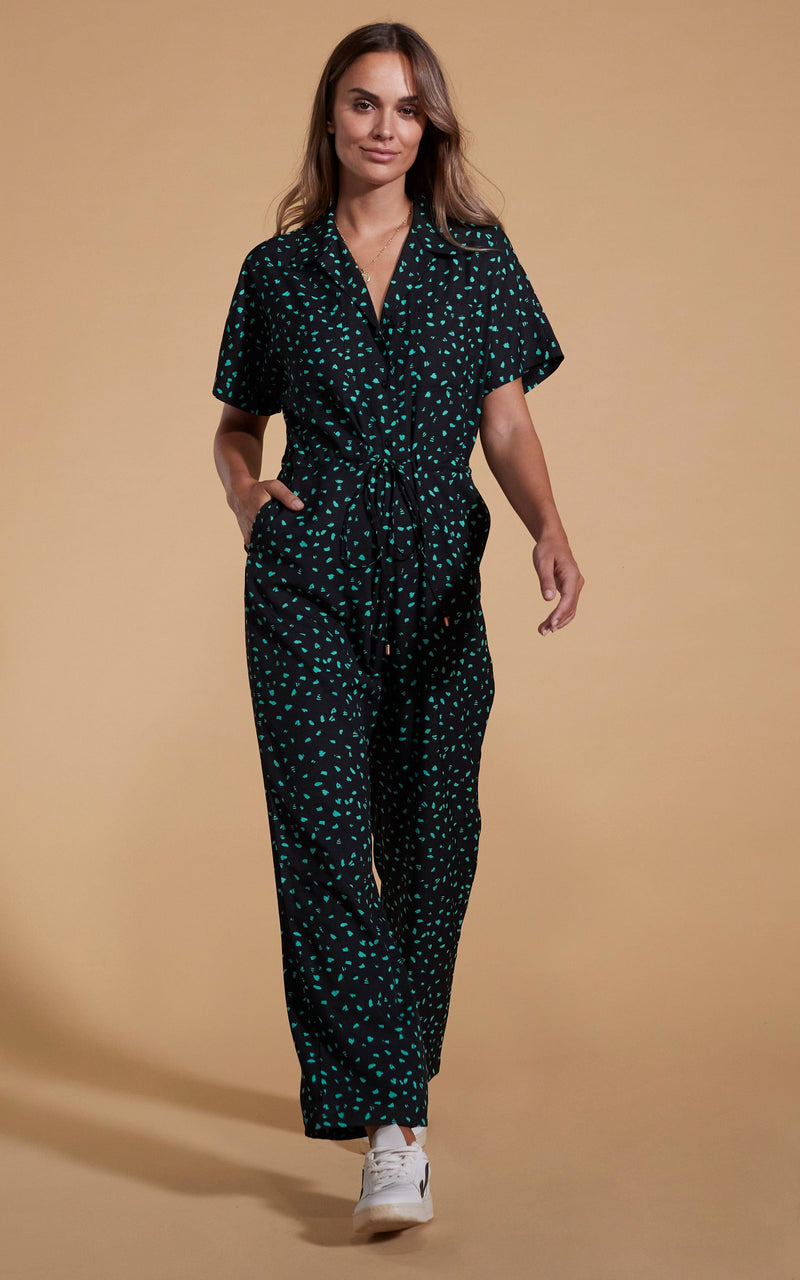 Zeta Jumpsuit In Abstract Green On Black