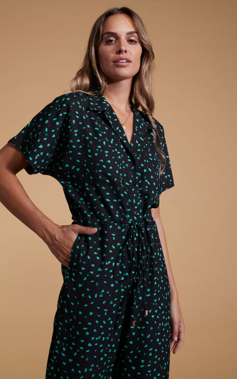 Zeta Jumpsuit In Abstract Green On Black