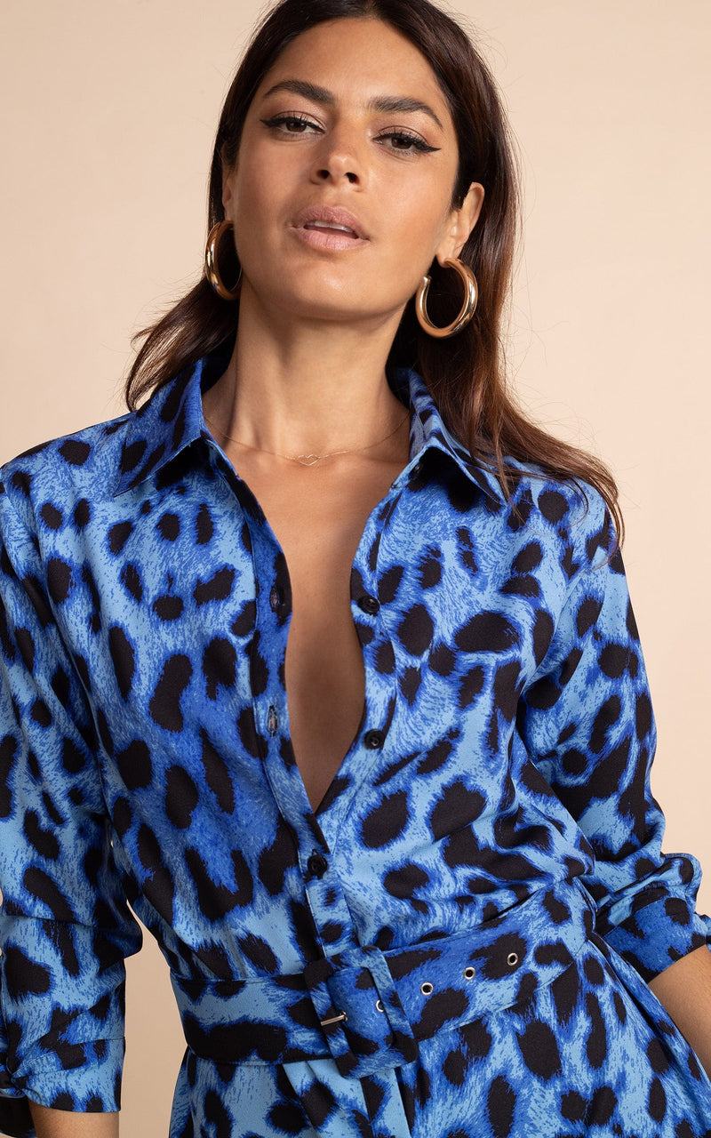 Alva Midi Shirt Dress in Bright Blue Leopard
