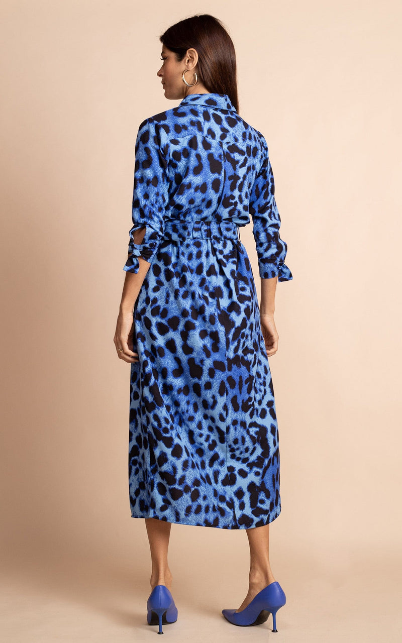 Alva Midi Shirt Dress in Bright Blue Leopard Print Dancing Leopard