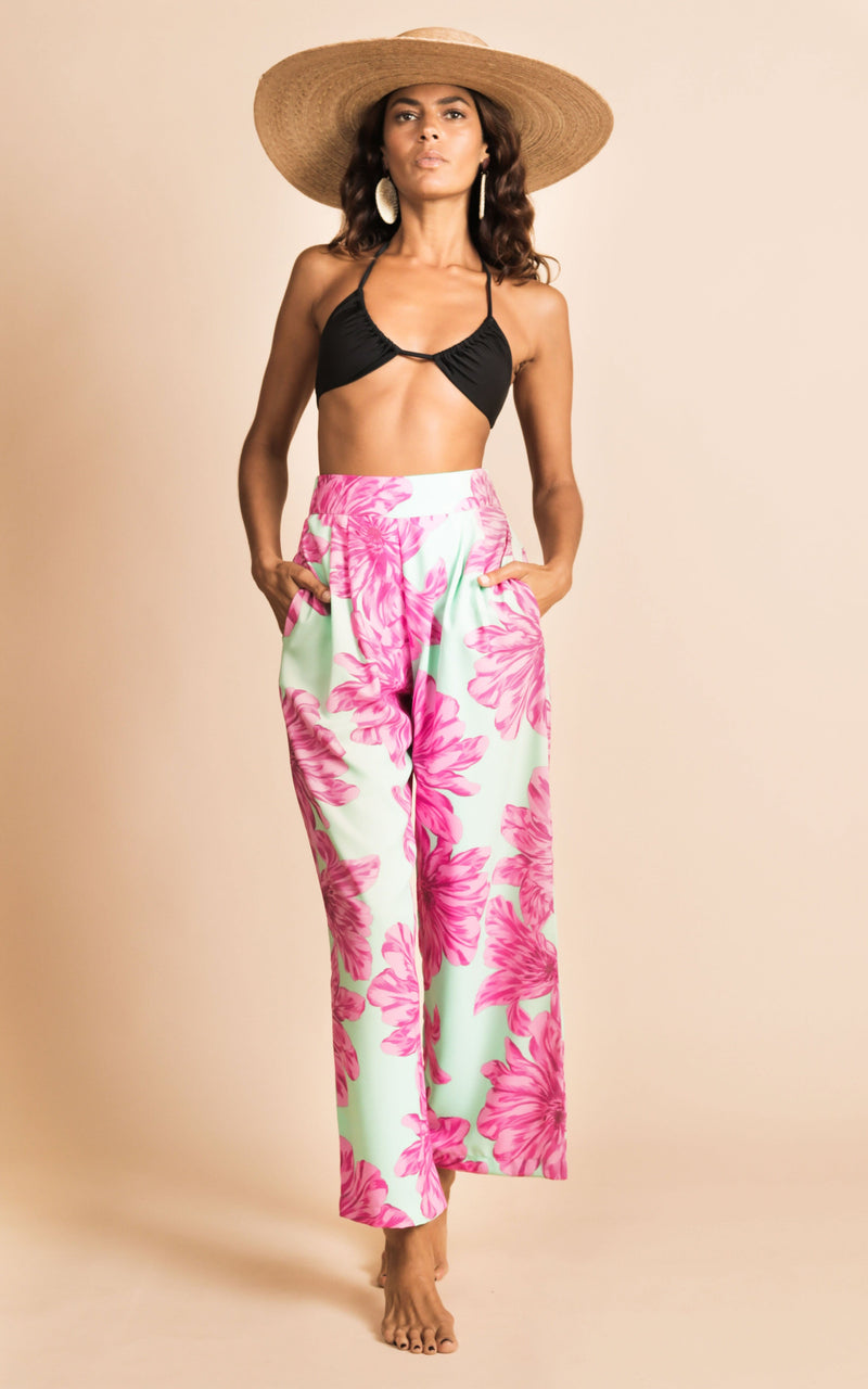Dancing Leopard model wearing Joey Palazzo Trousers in Pink on Mint Bloom posed with hands in pockets